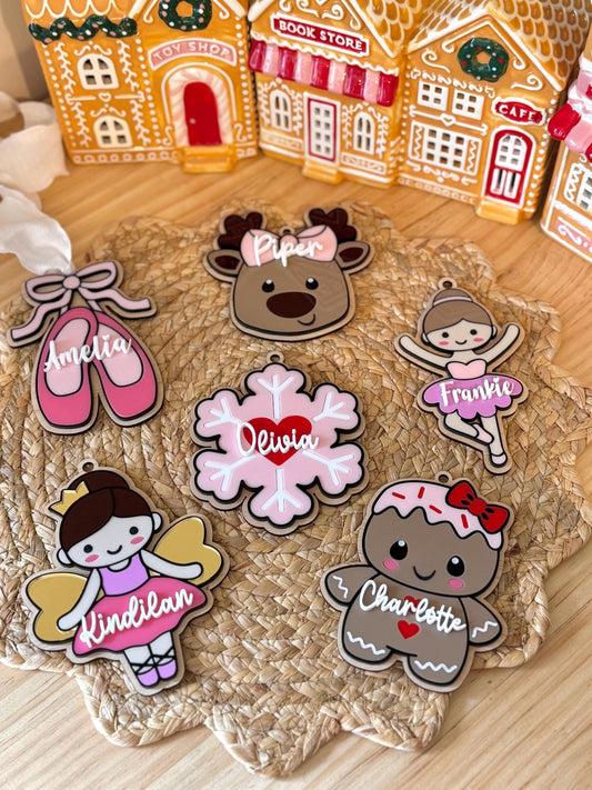 Personalised Pink Christmas Tag – Acrylic Name Ornament for Girls, Ballet Fairy Gingerbread Reindeer Stocking Tag, Kids Christmas Keepsake